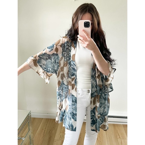 Anthropologie E by Eloise Blue Cream Floral Ruffle Trim Sheer Kimono Robe XS S - Picture 6 of 13